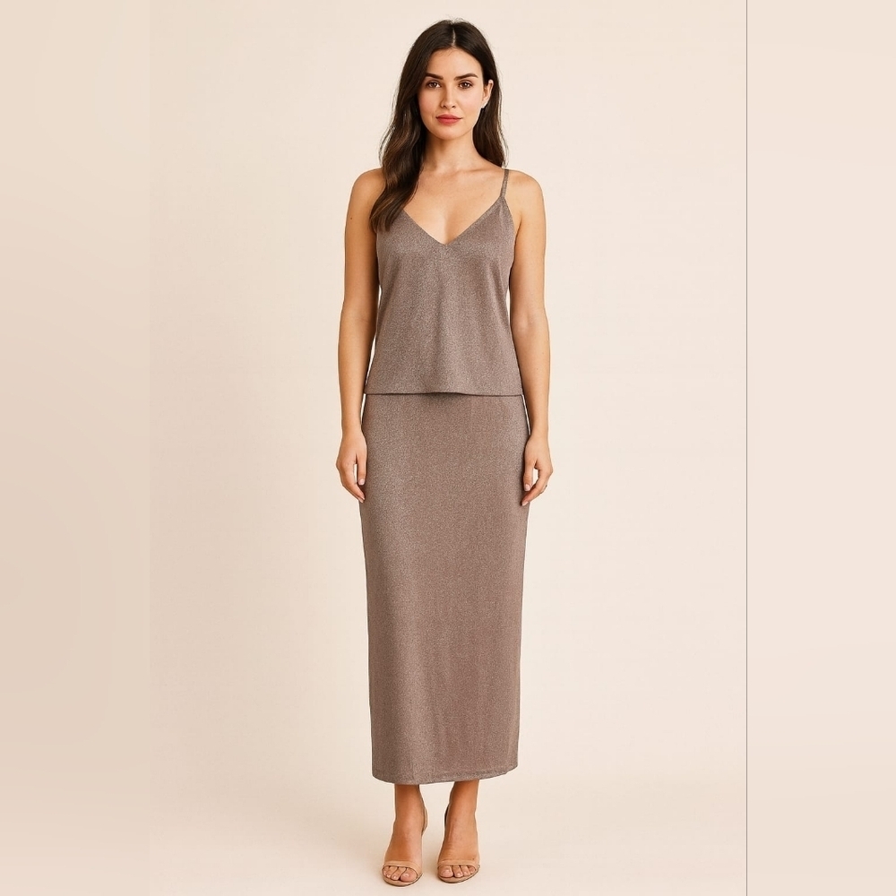 Alex Evenings Elegant Sleeveless Dress in Shimmering Taupe